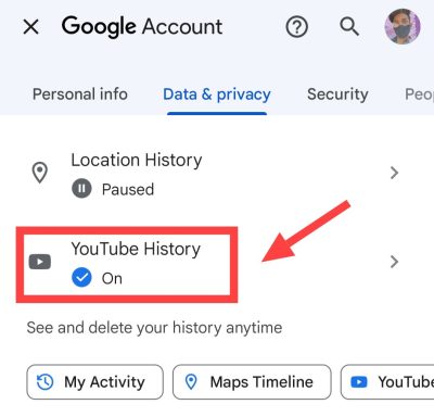 tap on youtube history