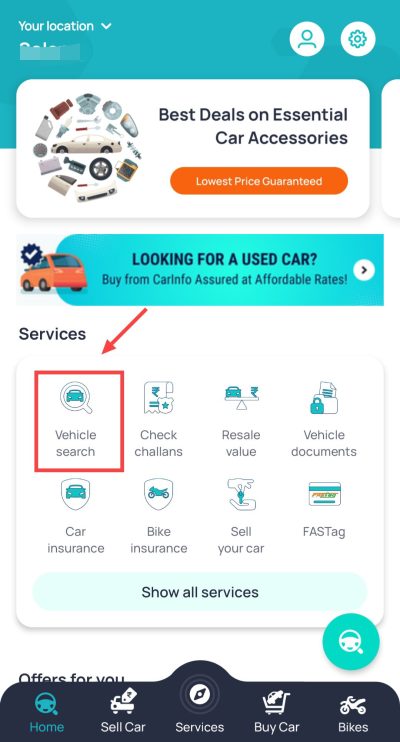 tap on vehicle search in car info