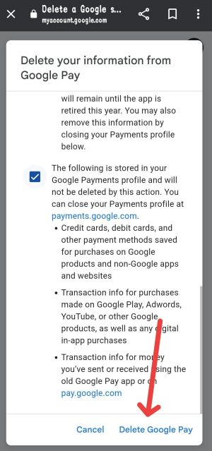 Tap on delete Google pay 